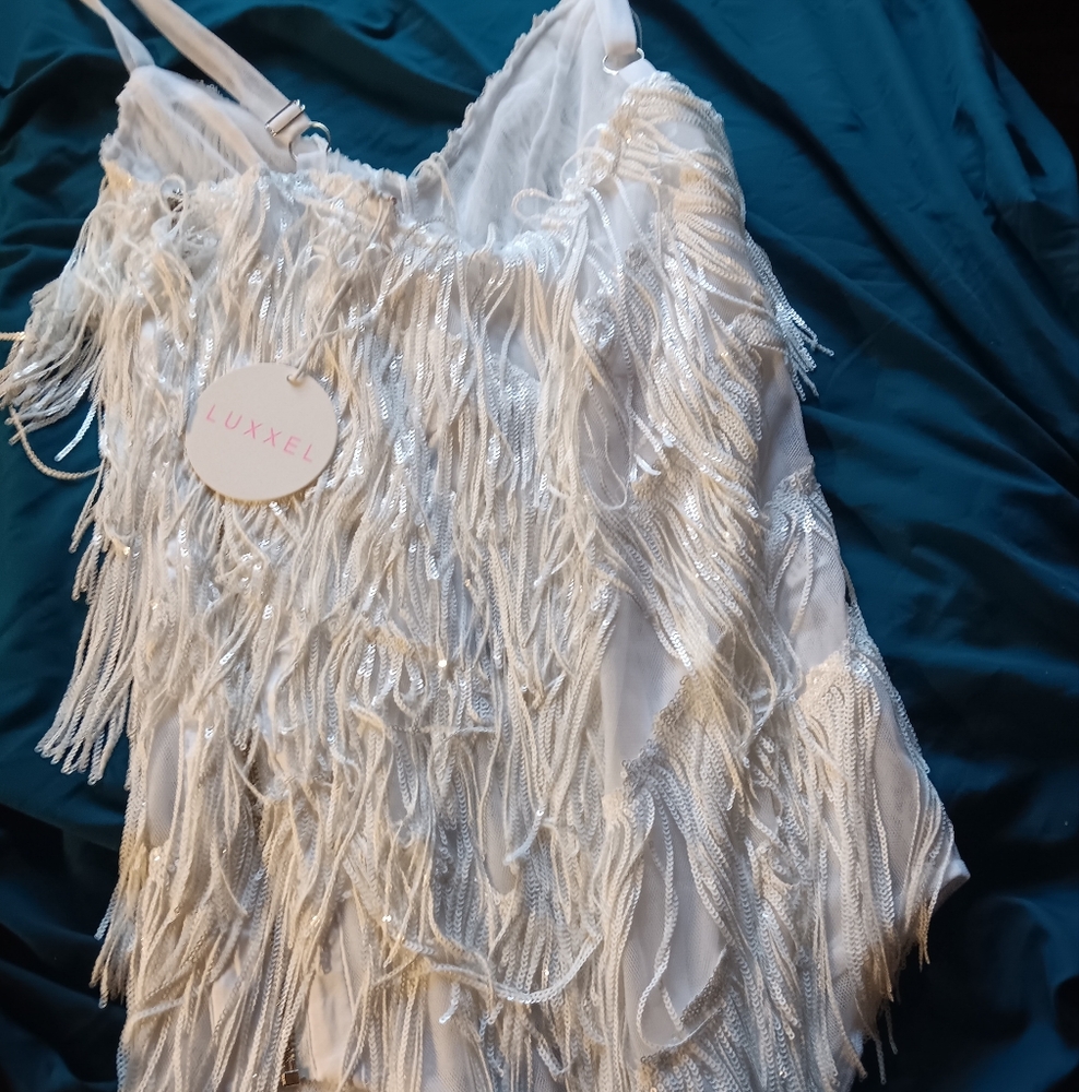 NWT Luxxel Mesh White Fringe Sequin Mini Dress Size Small